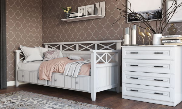 Фото Кровать односпальная Амелия (СМ 80х200) с выдвижными ящиками, без основания с универсальными царгами от производителя Браво-мебель в Черноморском по цене 29&nbsp;730 ₽